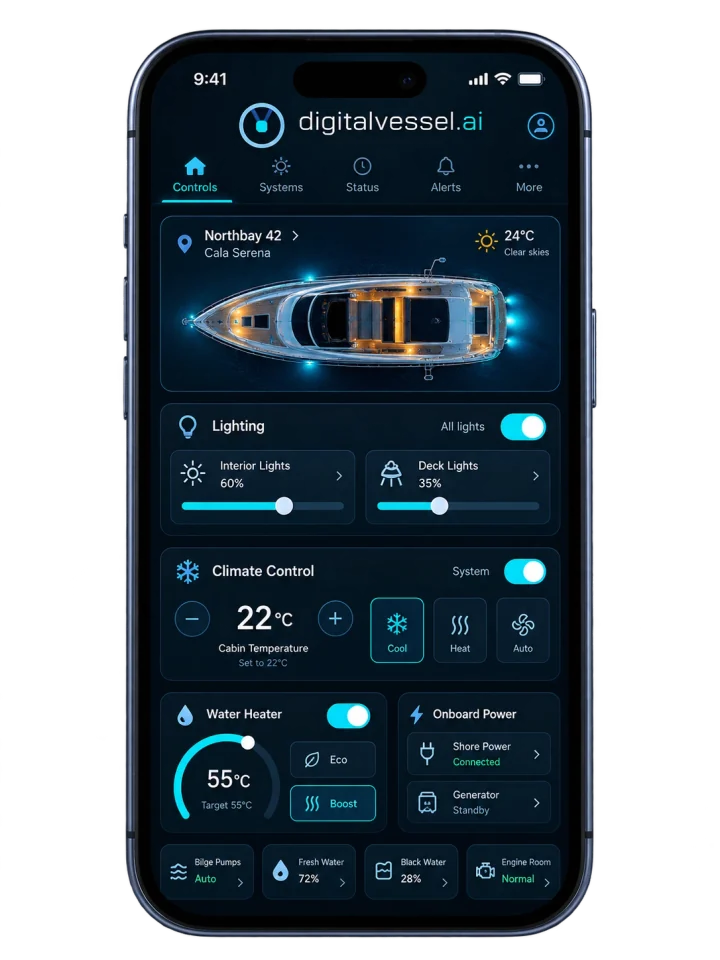 Smartphone running the digitalvessel.ai app: lighting, air conditioning, boiler and onboard power controls