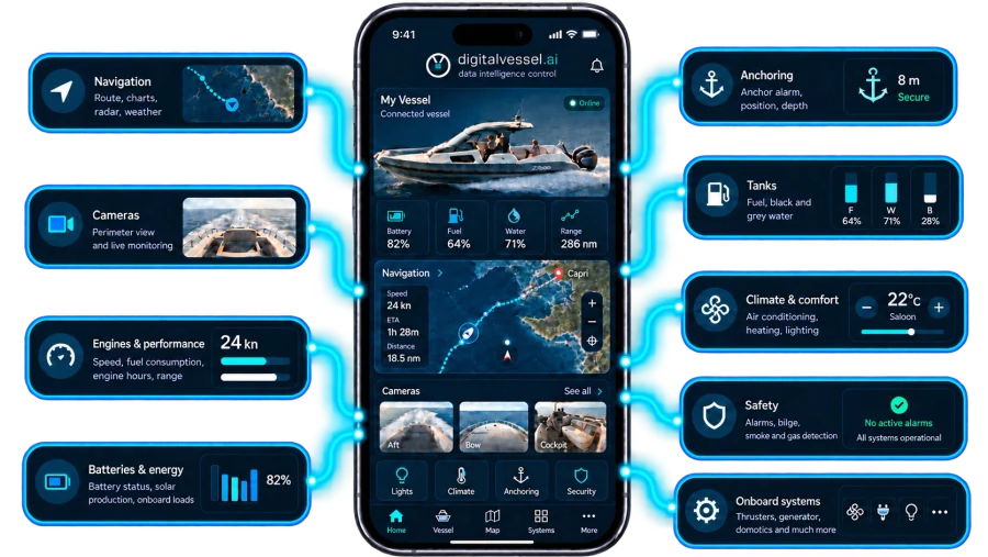 Smartphone running the digitalvessel.ai app connected to the onboard functions: navigation, cameras, engines and performance, batteries and power, anchoring, tanks, climate and comfort, security, onboard systems