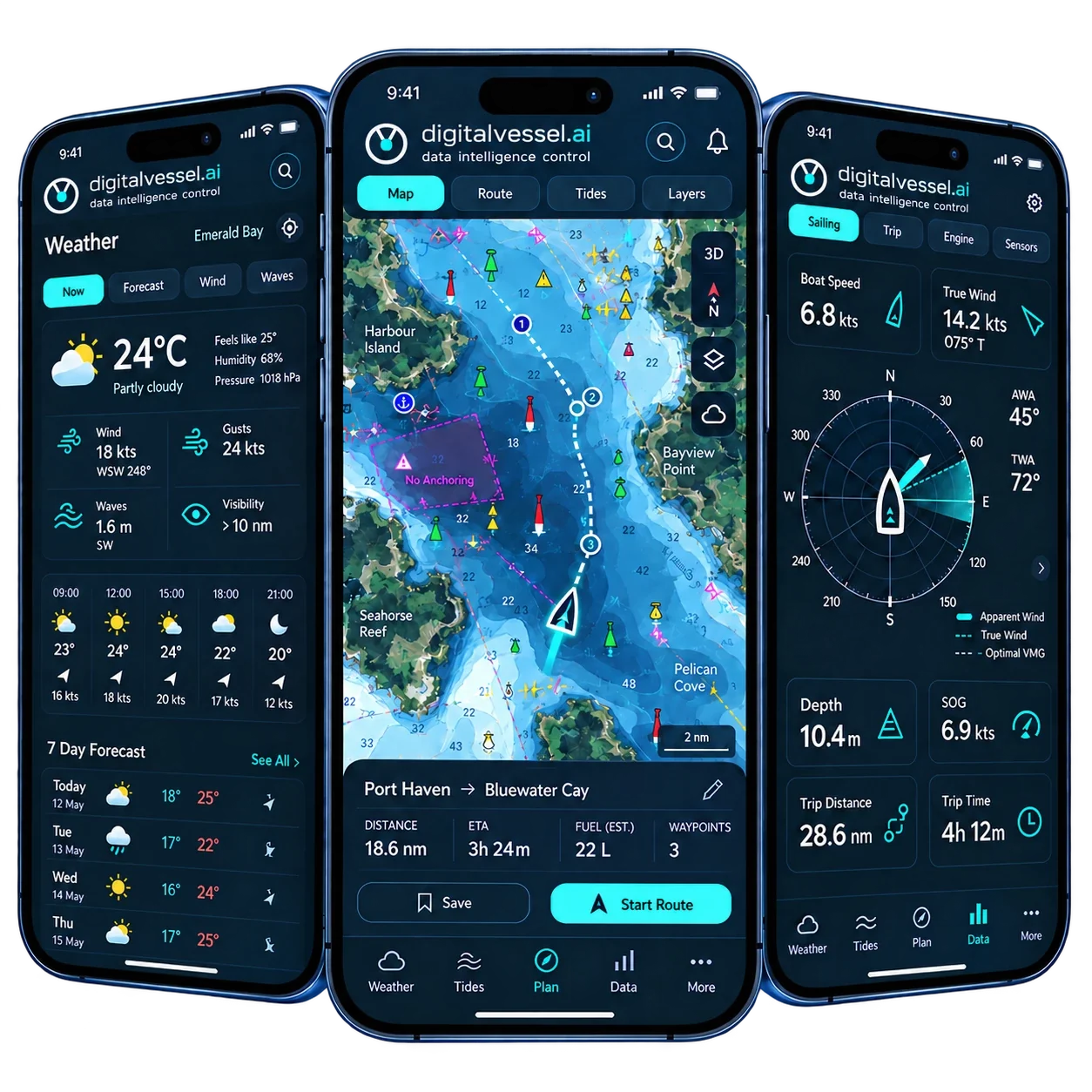 Three smartphones running the digitalvessel.ai app: weather and forecasts, nautical chart with a planned route, sailing data