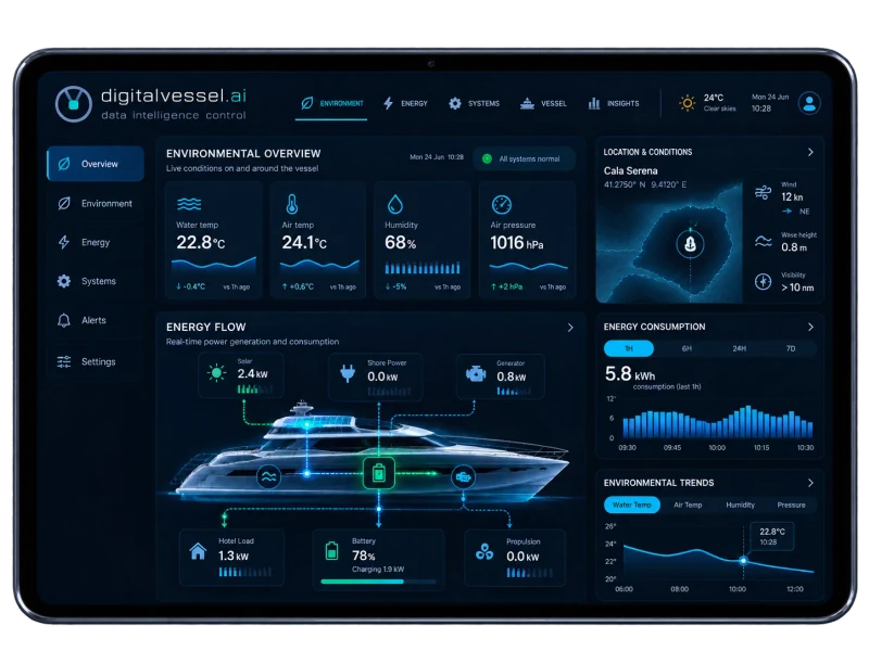 Tablet running the digitalvessel.ai interface: ambient conditions, power flow between solar panels, shore power, generator and batteries, consumption
