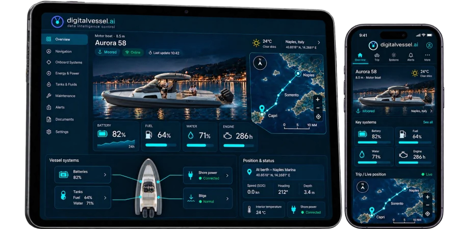 Tablet and smartphone running the digitalvessel.ai app: overview of the moored boat, battery, fuel and water levels, engine hours, onboard systems, position and route
