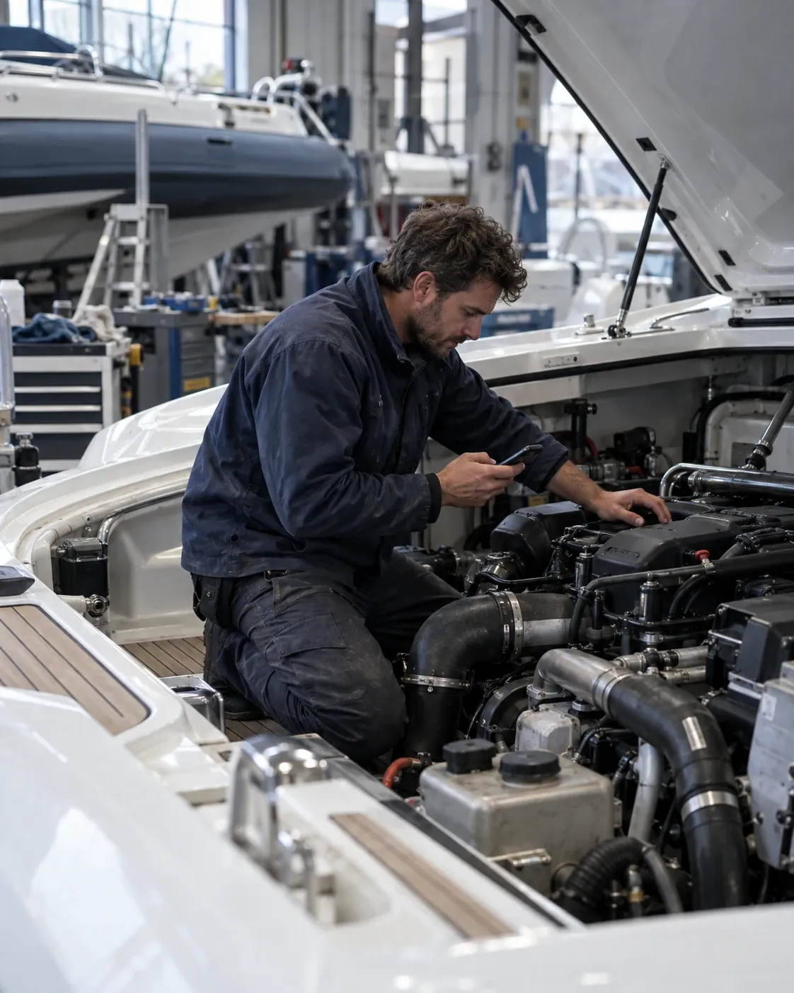 Tecnico nel vano motore di un’imbarcazione in cantiere mentre consulta lo smartphone