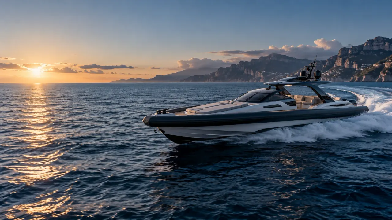 A boat underway at sunset along a coast of cliffs
