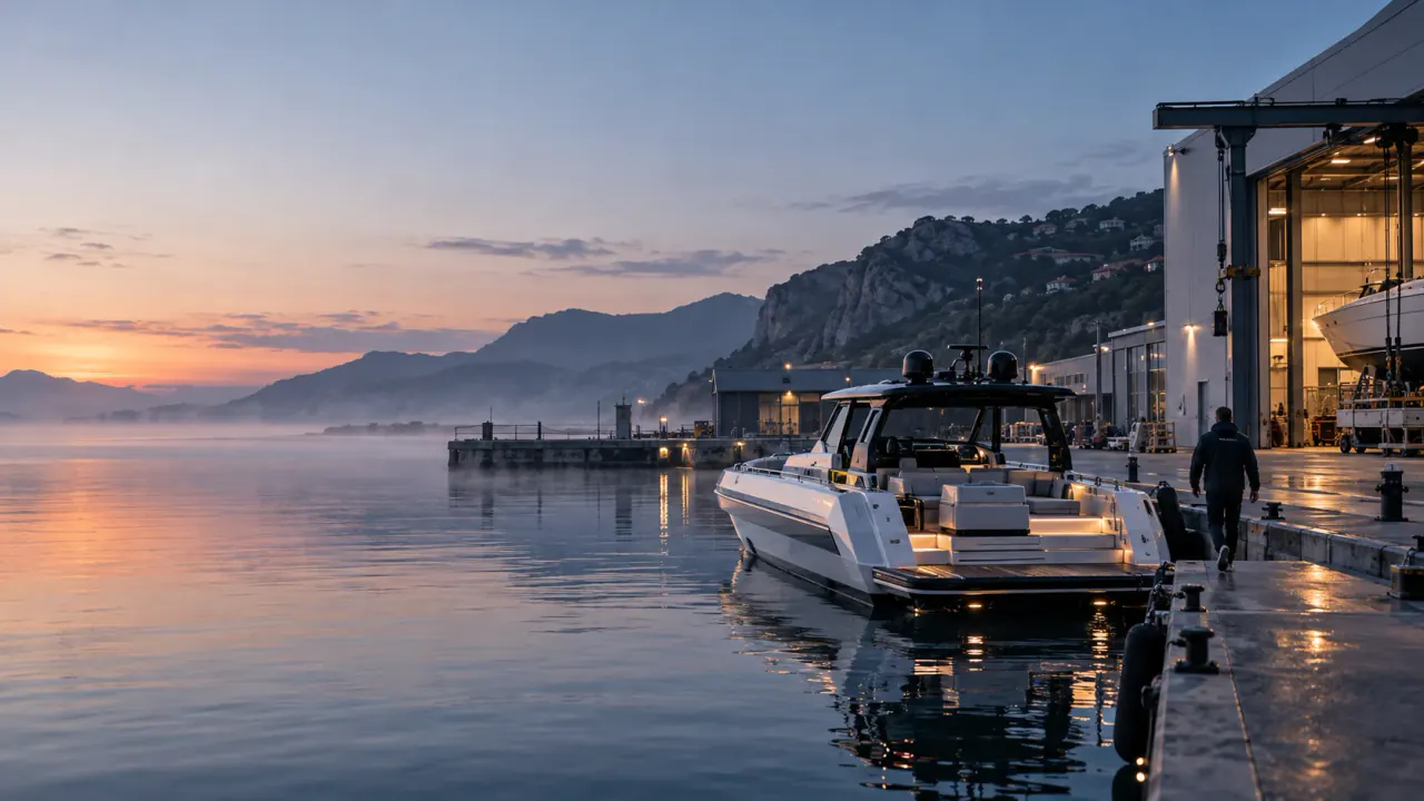 Imbarcazione ormeggiata alla banchina di un cantiere nautico all'alba