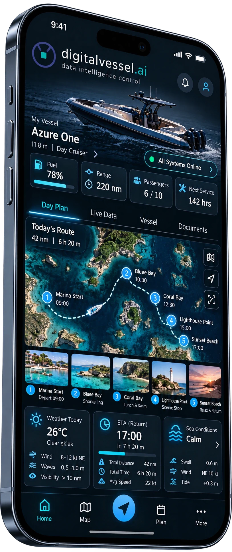 Smartphone con l’app digitalvessel.ai: rotta della giornata, meteo e stato dell’imbarcazione