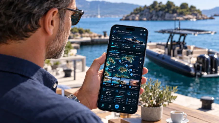 Un armatore in banchina consulta sullo smartphone l’app digitalvessel.ai con la rotta della giornata, accanto alla sua imbarcazione