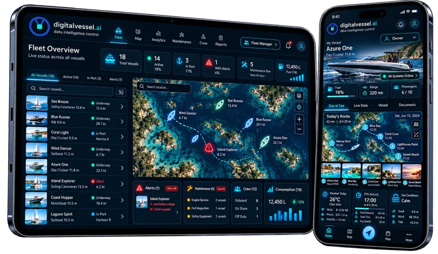 Tablet and smartphone showing the fleet overview: boats underway and in port, map, alerts, maintenance, crews and consumption