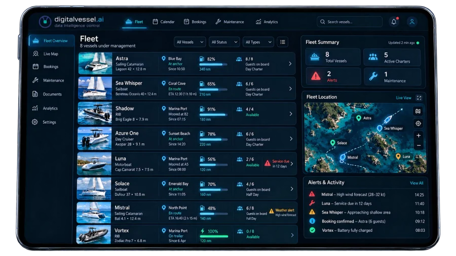 Tablet showing charter fleet management: list of boats with position, fuel and guests aboard, map, summary and recent activity