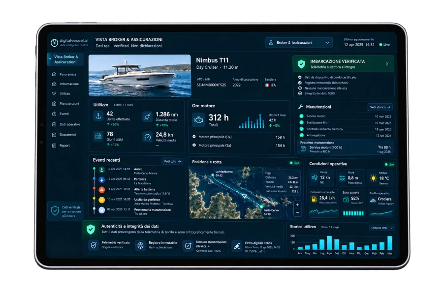 Tablet con la vista Broker e Assicurazioni di digitalvessel.ai: imbarcazione verificata, utilizzo, ore motore, manutenzioni, eventi, posizione e integrità dei dati