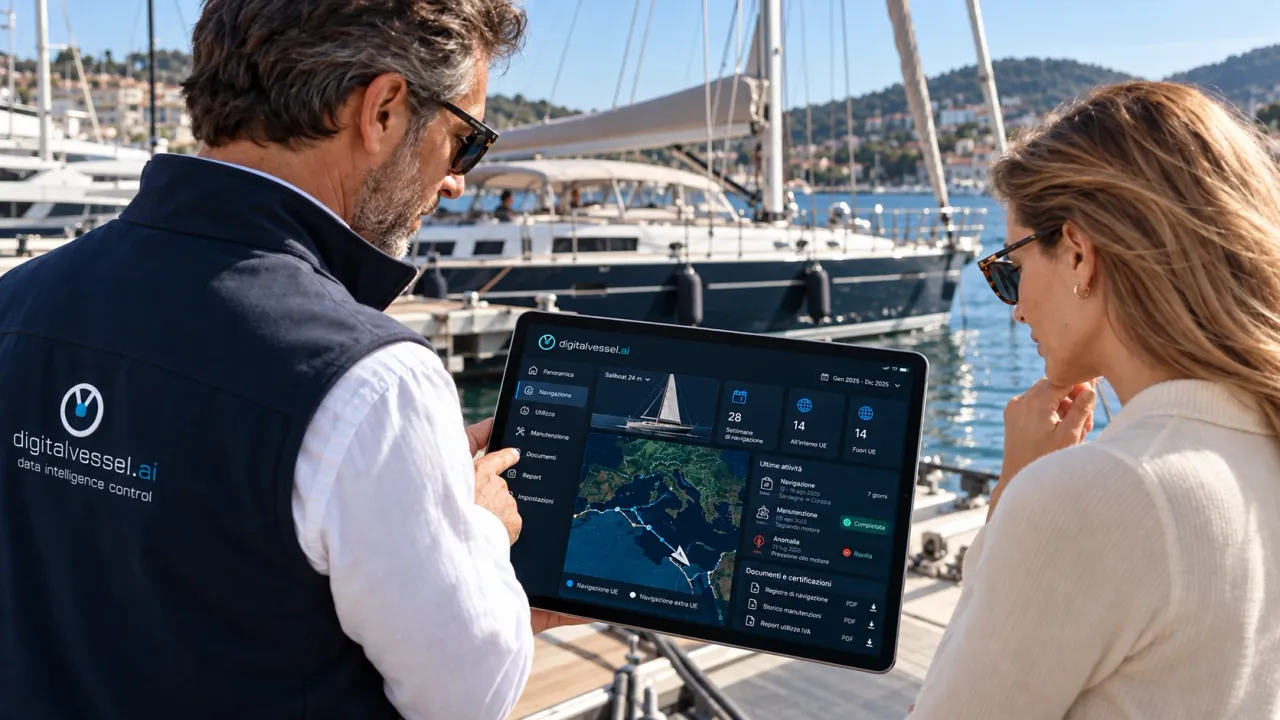 In banchina, un tecnico Digital Vessel mostra a una cliente sul tablet le settimane di navigazione dentro e fuori l'Unione Europea, le ultime attività e i documenti della barca a vela ormeggiata alle loro spalle